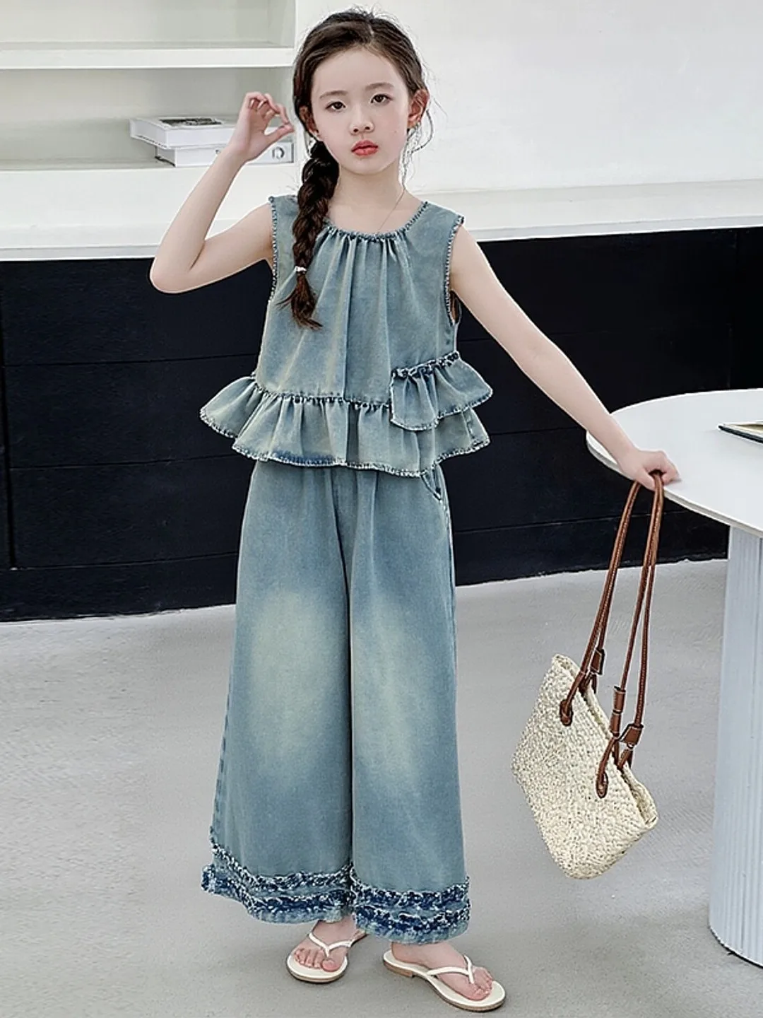 ensemble-d'ete-en-jean-pour-filles-debardeur-sans-manches-a-bordure-dentelle-et-pantalon-large-deux-pieces-tendance-decontractees-en-melange-de-coton-respirant-et-lavable