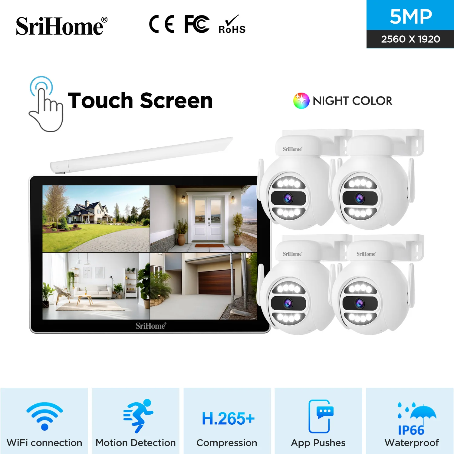 Srihome N010 10Inch IPS Screen 5MP 4CH Wireless NVR Kit Full Color PTZ IP Dome Camera AI Humanoid Detection Outdoor Water-proof