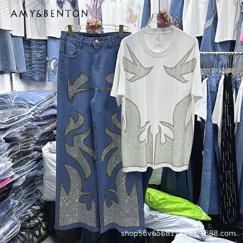

Hotfix Rhinestone Flame Oversized Short Sleeves White T-shirt Top Set Y2k Blue High-waisted Zipper Denim Wide-leg Pants Outfits
