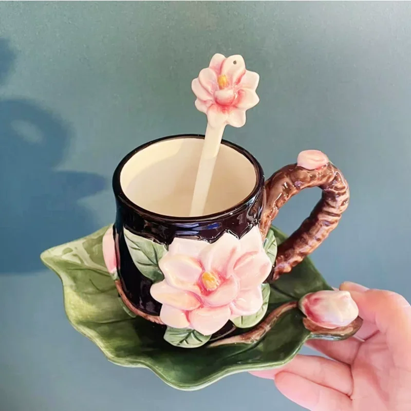 Creative Sunflowers, Roses, Ceramic Cups, Family Afternoon Tea Coffee Cup Set, Elegant French Tea Set, Mugs,Butterfly Spoon