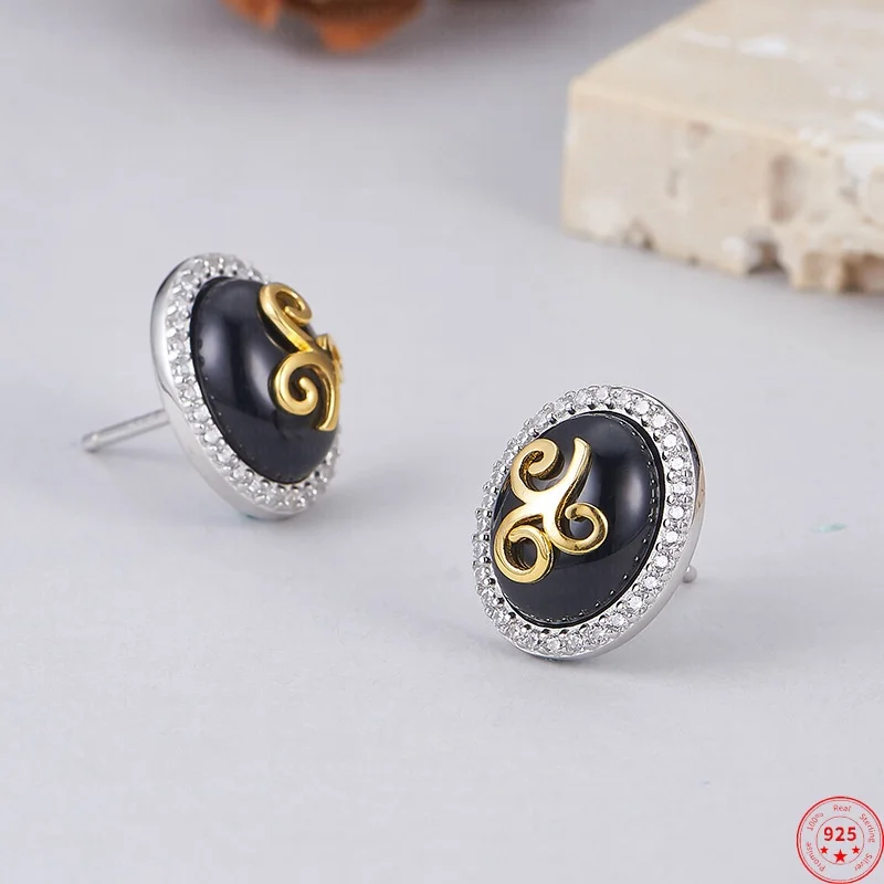 

S925 Sterling Silver Charms Studs Earrings for Women Contrast Colored Pattern Inlaid Agate Zircon Ear Studs New Fashion Jewelry