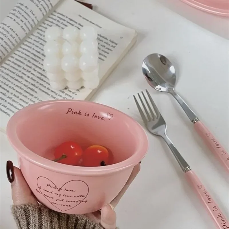 Korean Style Ins Girl Heart Pink Love Ceramic Tableware Set with English Letters and High Aesthetic Value Bowls Plates and Plate