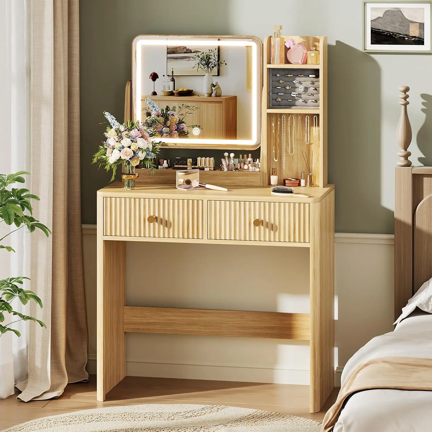 Fluted Vanity Desk with Mirror and Lights, Small Makeup Vanity with 2 Drawers and Jewelry Storage Cabinet,  Customized