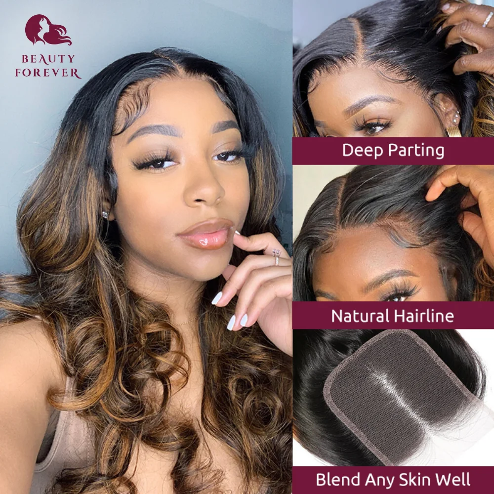 Beauty Forever Ombre Highlight 4x4 Lace Closure Body Wave Free Part  Balayage Brown Colored Human Hair Closure For Black Women