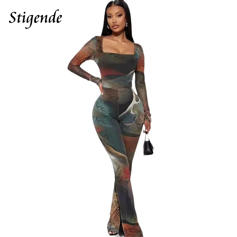 Stigende Sexy See Through Mesh Jumpsuit Women Tie Dye Print Back Zipper Long Sleeve Jumpsuit