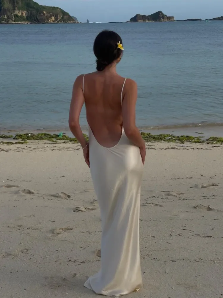 Vestido largo de satén liso para mujer, con espalda descubierta traje Sexy, mangas con tirantes finos, elegante para playa, 2024