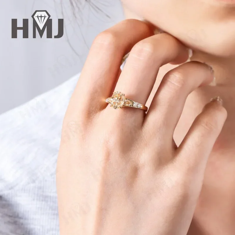 Ehering aus Echtem 18K Gold mit 2ct 7x9mm Oval Geschliffenem Moissanit-Diamanten in Champagnerfarbe, Klassischer Verlobungs- und Heiratsantragsring – Detail 11
