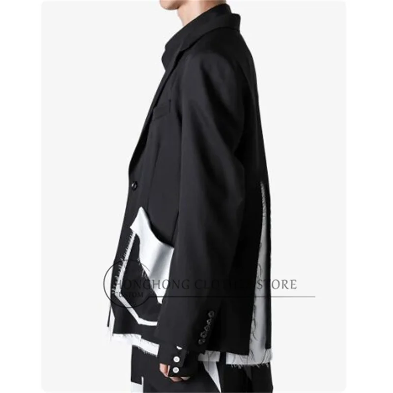 TOP-YAMAMOTO Black deconstructed multi-color fringe casual suit - Men's custom simple irregular large-sized coat
