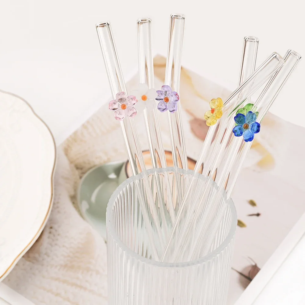6Pcs Reusable Drinking Glass Straw Set Cute Flower Shape Straw For Smoothies Juice Milk Bar Accessories Theme Party Bar Tools