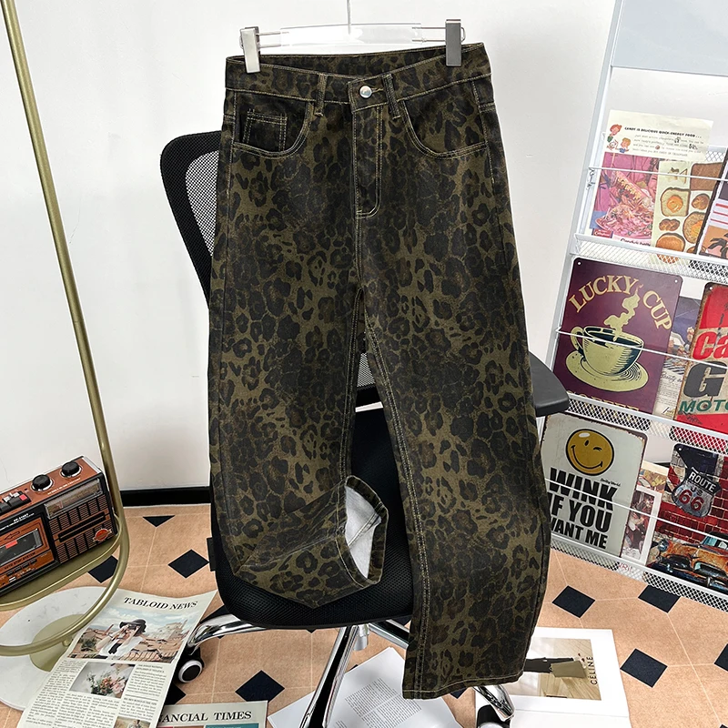 

American Style Leopard Print Jeans Spring Autumn Men's Women's High Street Loose Straight Leg Pants Trendy Casual Denim Pants
