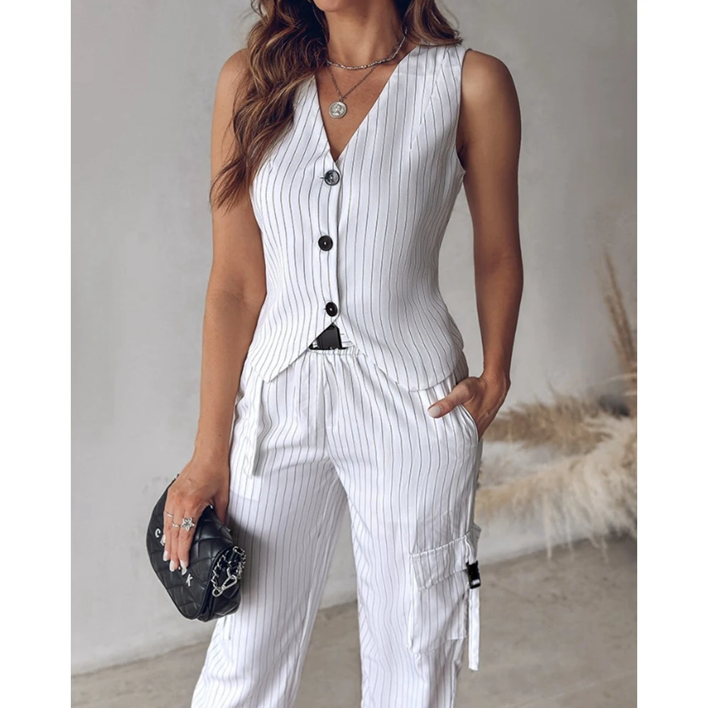 Women Casual Striped Print V-Neck Buttoned Sleeveless Vest & Pants Set Female Two Piece Suit Sets Outfits Set Summer Workwear