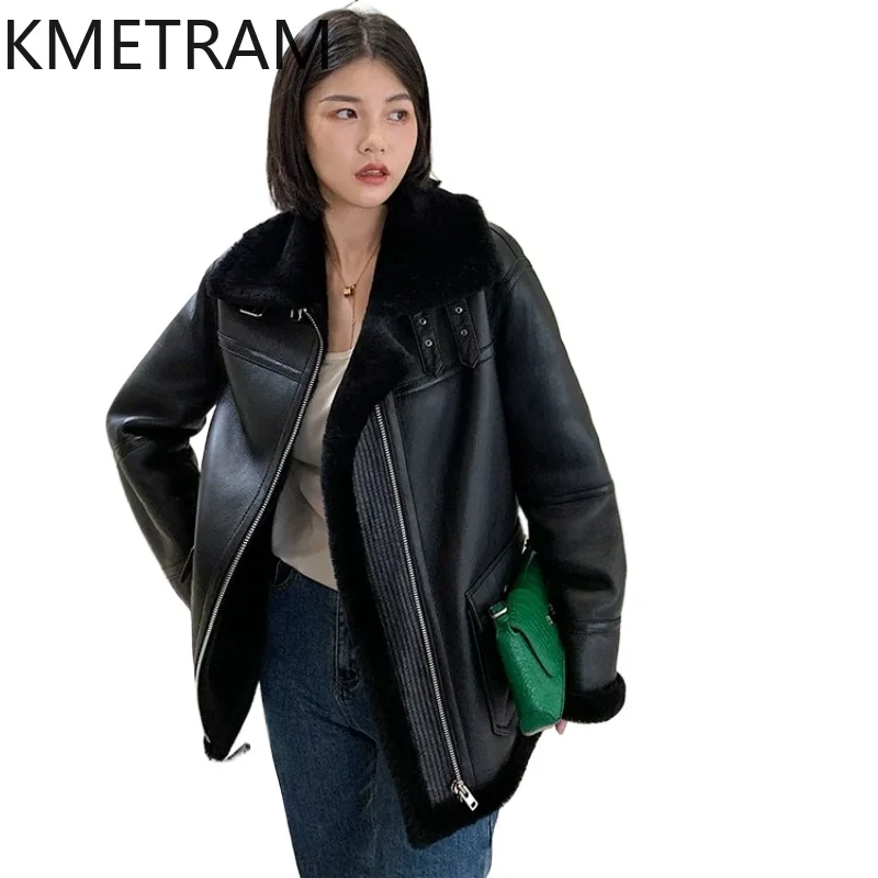 KMETRAM Natural Turkey Merino Sheepskin with Wool Attached Jacket Fashion Mid-Length Real Fur Coat Woman Clothing 65cm 2026 шуба