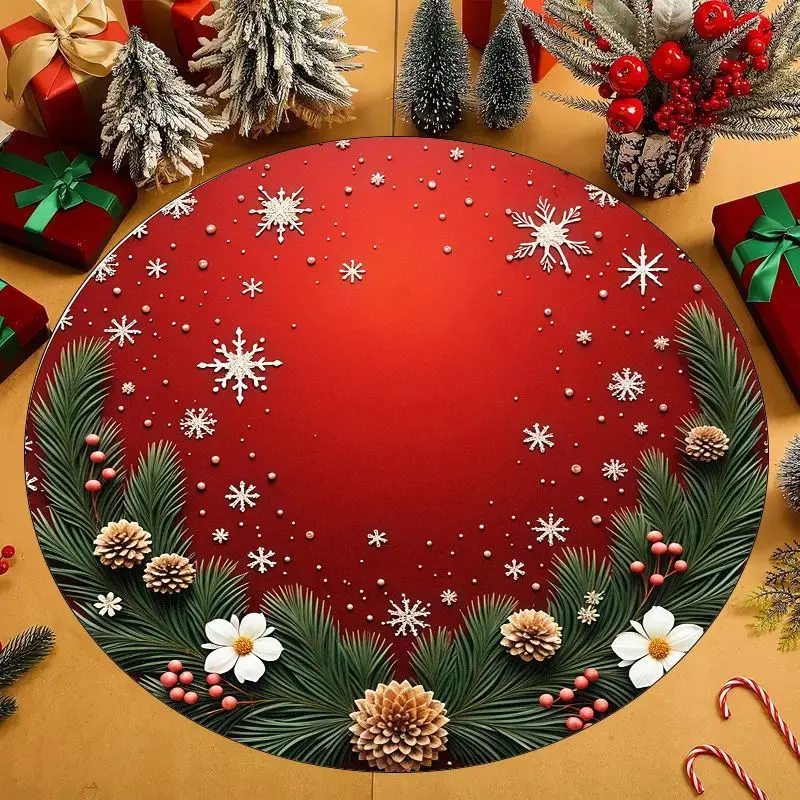 Christmas Round Decorative Doormat Snowflake Pine Cone Bell Gingerbread Tree Floor Mat for Living Room Home Winter Holiday Decor