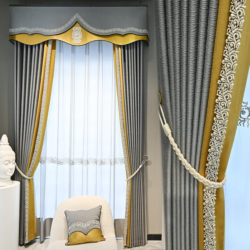 

Custom curtain luxury French modern bedroom balcony window grey patchwork cloth blackout curtain tulle valance drape C1431