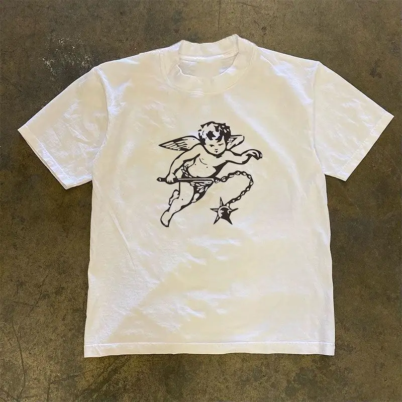تي شيرت An Angel With A Hammer Graphic Print للخريف من القطن الخالص للرجال والنساء بأكمام قصيرة ملابس عصرية للشارع