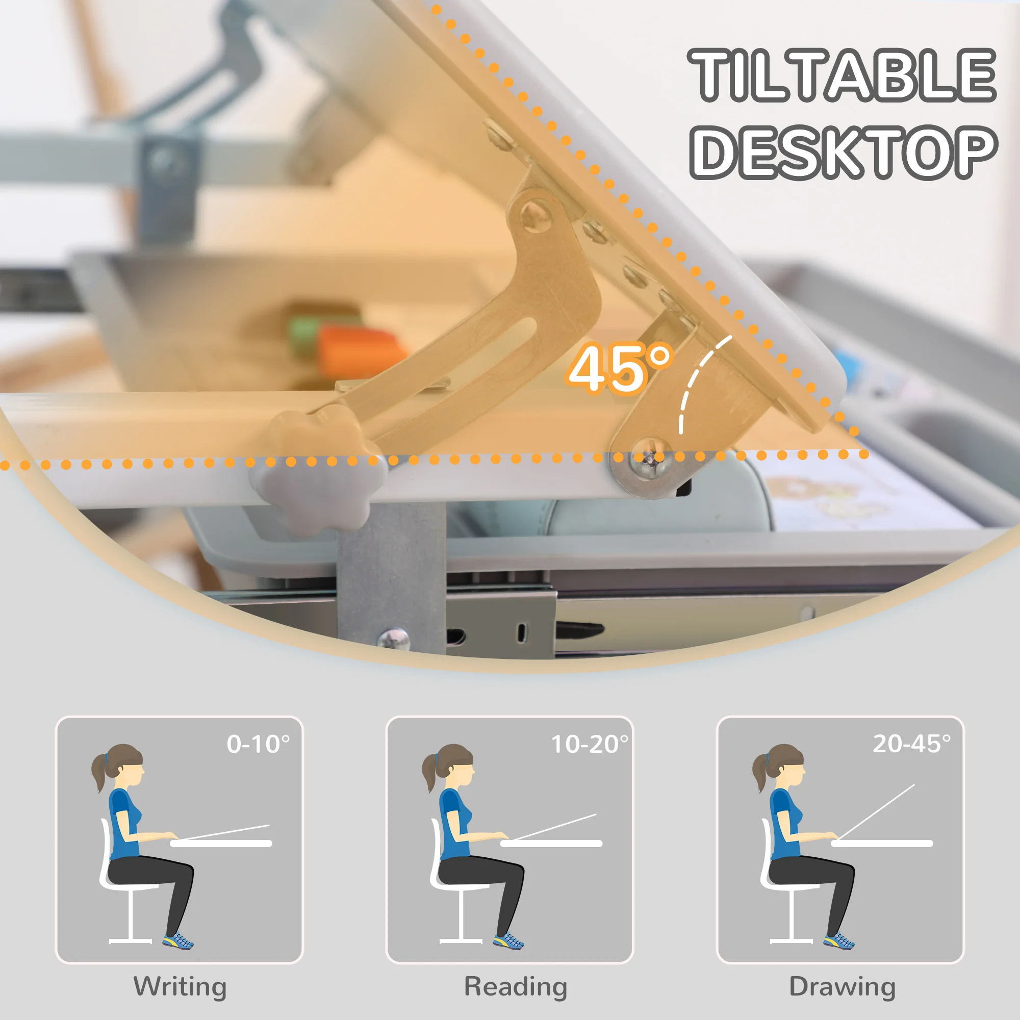 HOMCOM Kids Desk and Chair Set Height Adjustable Student Writing Desk Grey