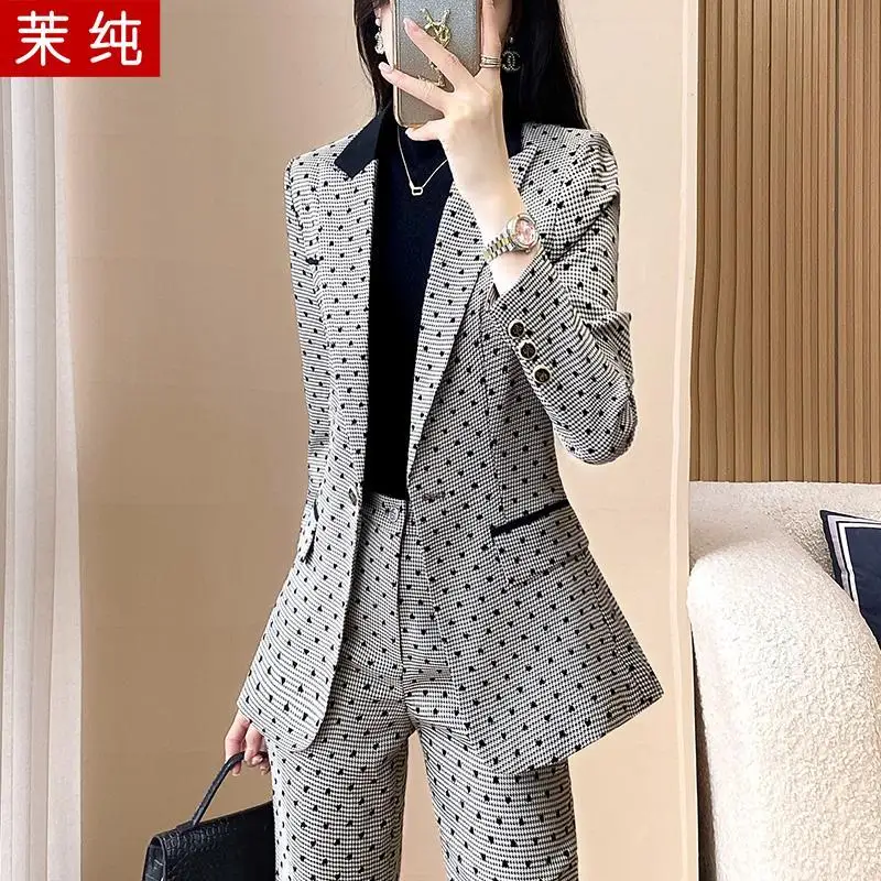 4-G1  Fashion suit for women, stylish and fashionable black and white houndstoot-piece suit, high-end light luxury women\'s c