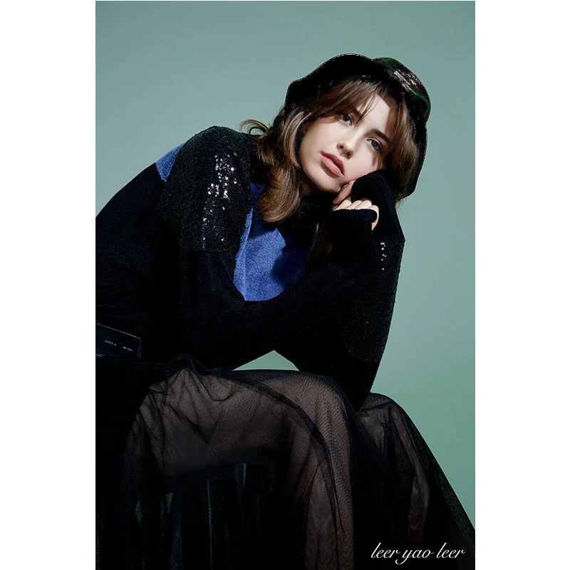 Women's Autumn High Street Fashion Thick Turtleneck Sweater Sequin-Decorated Patchwork Knitting Pullover All-match Sleeve