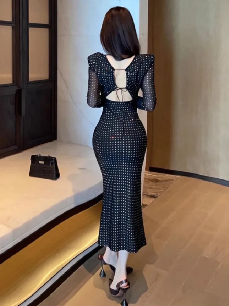 Topenomi High End Sequins Black Party Dress Women Sexy Backless Bandage Waist Slim Cocktail Banquet Evening Long Dresses Autumn