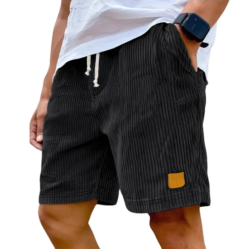 Summer New Men Vintage Embroidery Leather Label Corduroy Casual Shorts Lace Up Fashion All Match Breathable Male Shorts