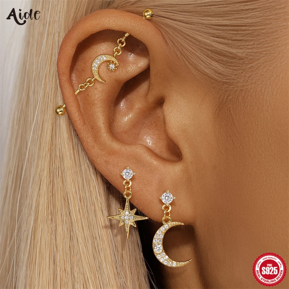 Aide 925 Sterling Silver Piercing Barbell Cute Auricular Bridge Earring Zircon Moon Star Zircon Transversal Women Body Piercing