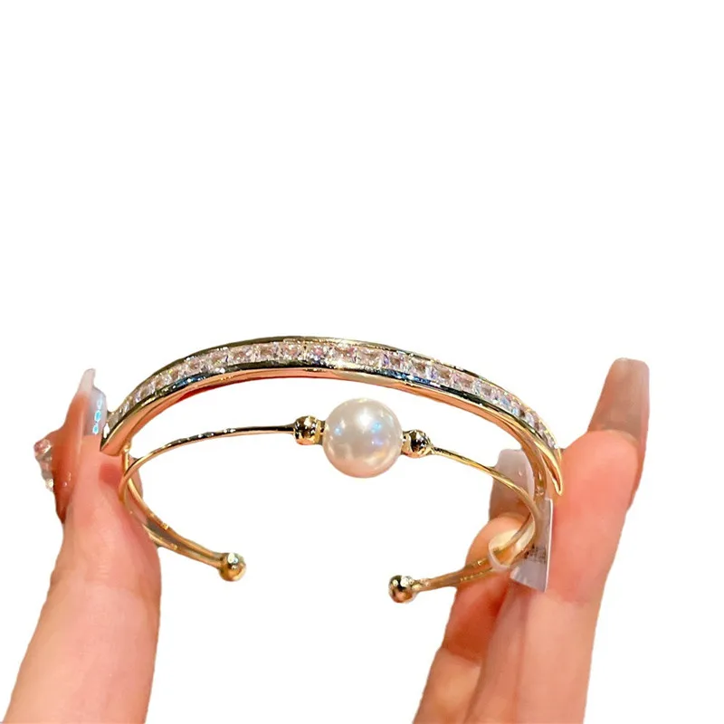 CC Vintage Bracelets Double Layer 14K Gold Color Imitation Pearl White Zirconia Open Bangle Temperament Women Accessories J664 image 6