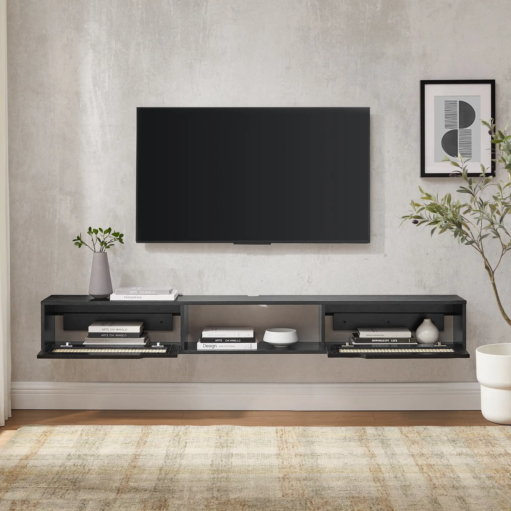 Modern Rattan Door Floating TV Stand for TVs Up To 80