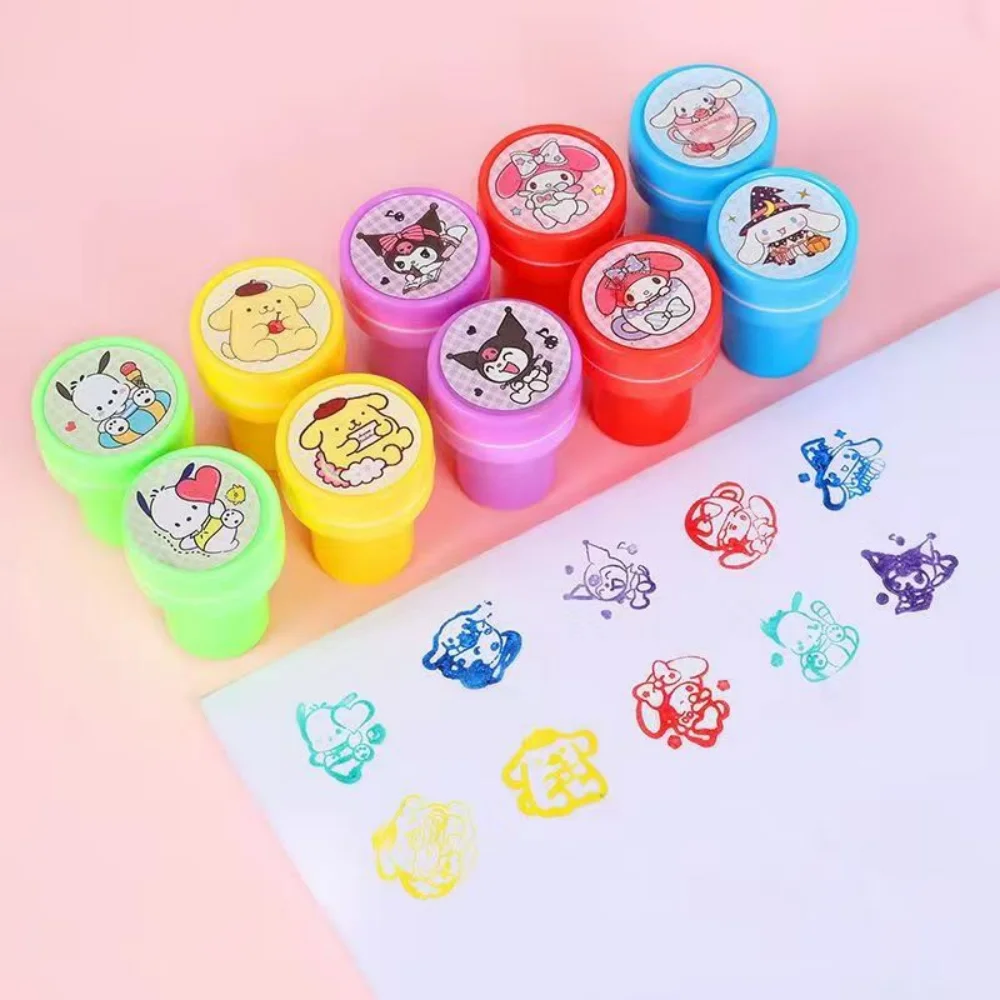 10/20/30 unids/set Sanrio Hello Kitty sellos de tinta automática dibujos animados Kuromi Melody Cinnamoroll patrón colorido sello juguetes regalos de cumpleaños
