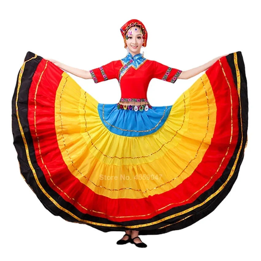 Patchwork Rainbow Color Flamenco Skirt for Women Gypsy Girls Big Swing Spanish Toreo Belly Dancing Stage Costumes Performance