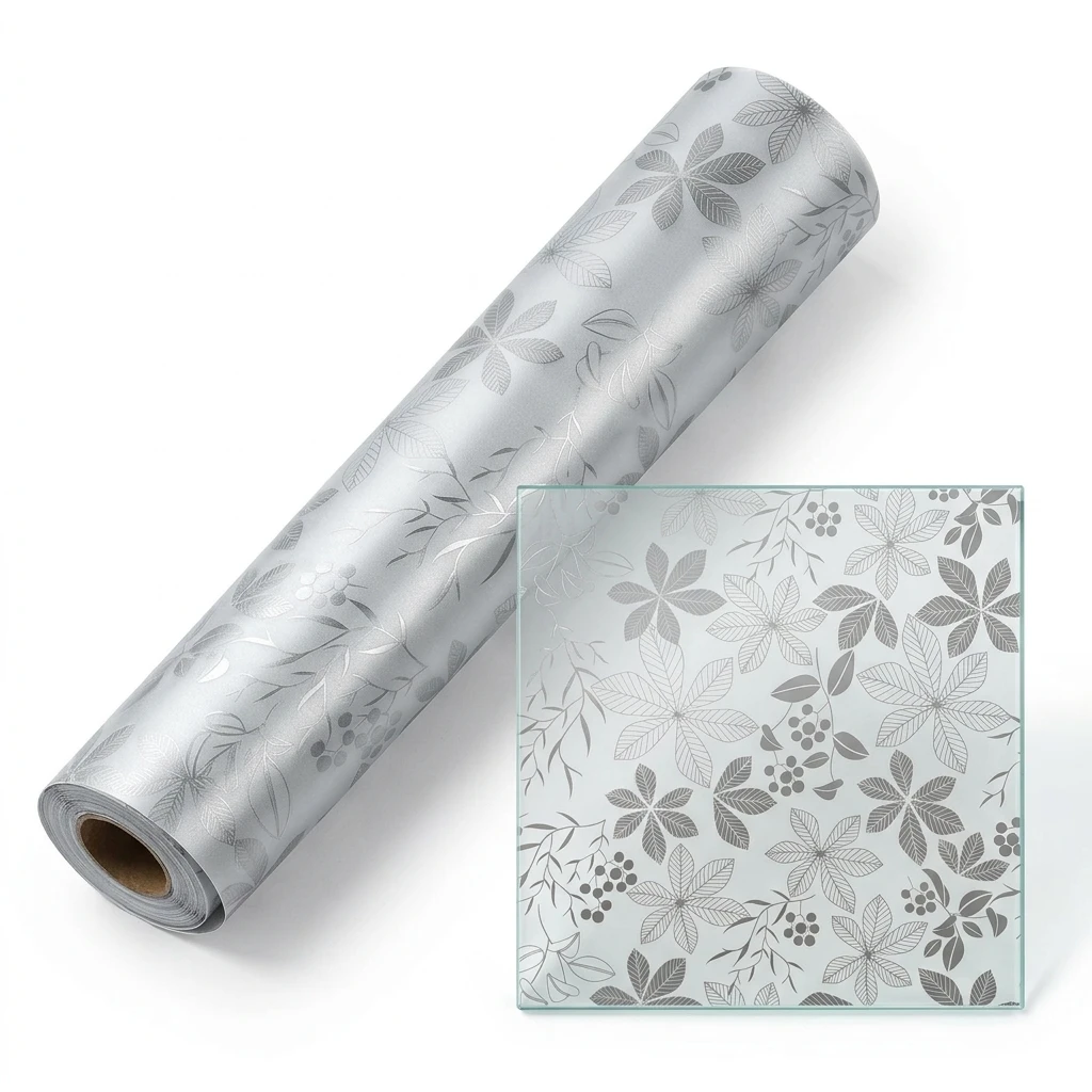 Grey Leaf Frosted Privacy Window Film Self-Adhesive Static Cling Decorative Glass Sticker for Home Decor