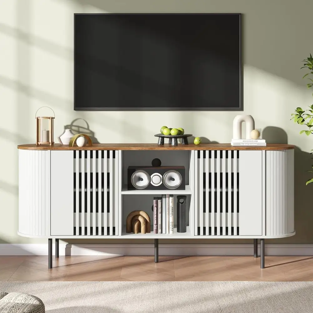

75 Inch TV Stand with Storage, Adjustable Shelves, Curved Design, Media Shelf, Cable Management for Living Room, White