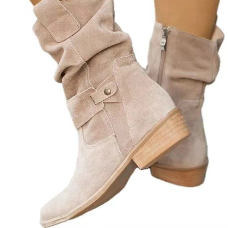 Botas femininas novas de inverno, salto baixo grande 40-43, botas de camurça para mulheres, botas longas marrons