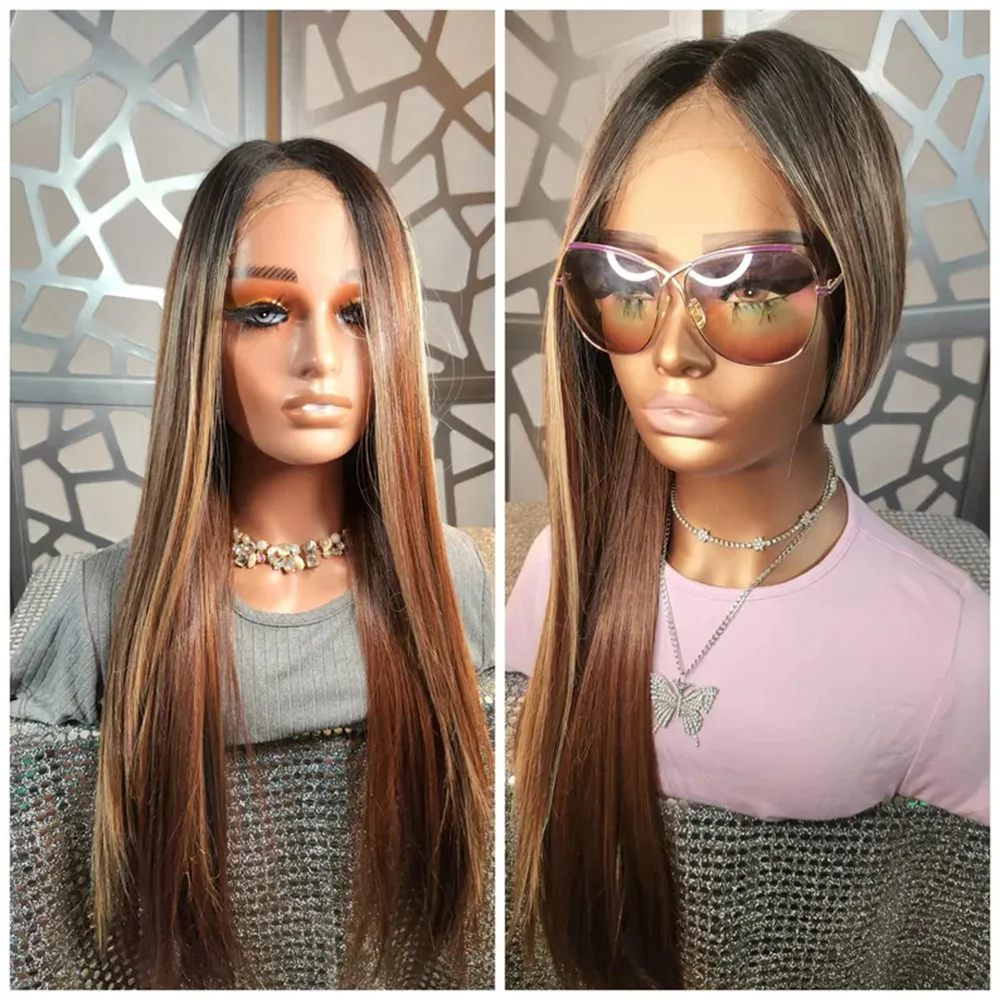 Ombre Blonde Brown Wig Straight Long Wig Lace Front Wig Human Hair Blend Balayage Highlights Glueless Daily Wear Heat Safe