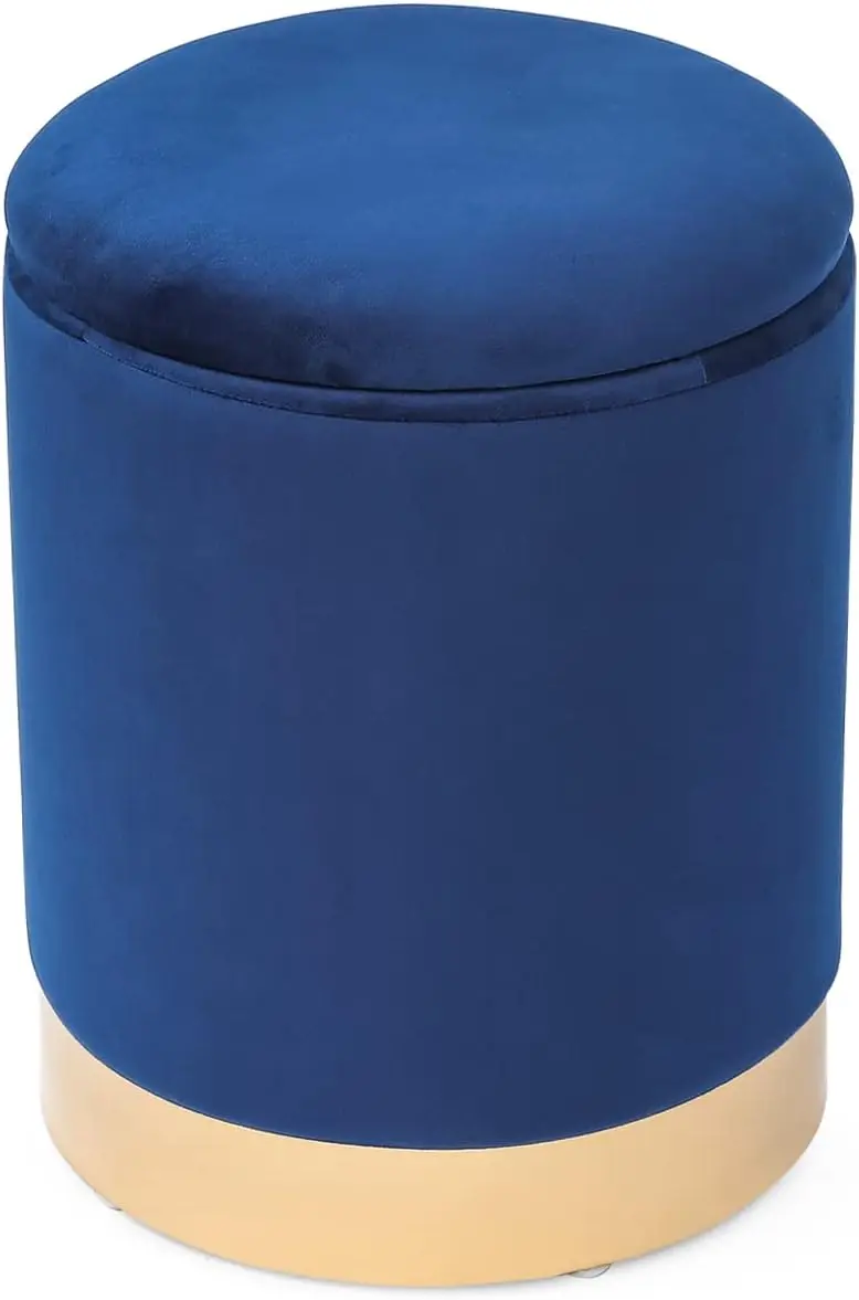 

Round Velvet Storage Ottoman, Modern Upholstered Footrest Vanity Makeup Stool With Gold Plating Base For Bedroom Living Room,