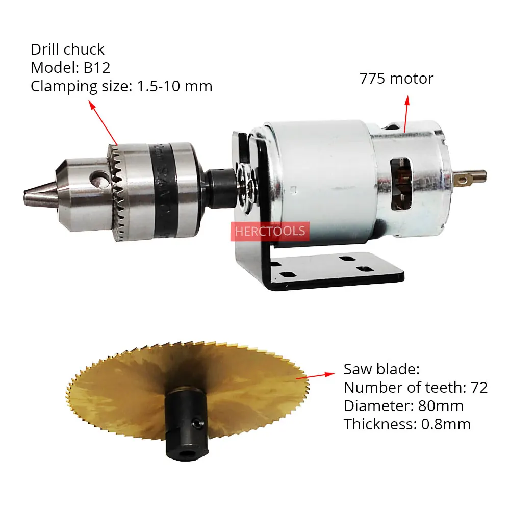 Mini Multifunction Table Saw Electric Drill 775 Motor with B12 Drill Chuck, 80W High Power Dual Axis DIY Tool Unassembled