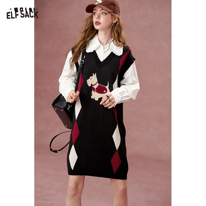 

ELFSACK 2024 Autumn New Arrivals Fake two-piece shirt with plaid pattern College style knitted dress for women