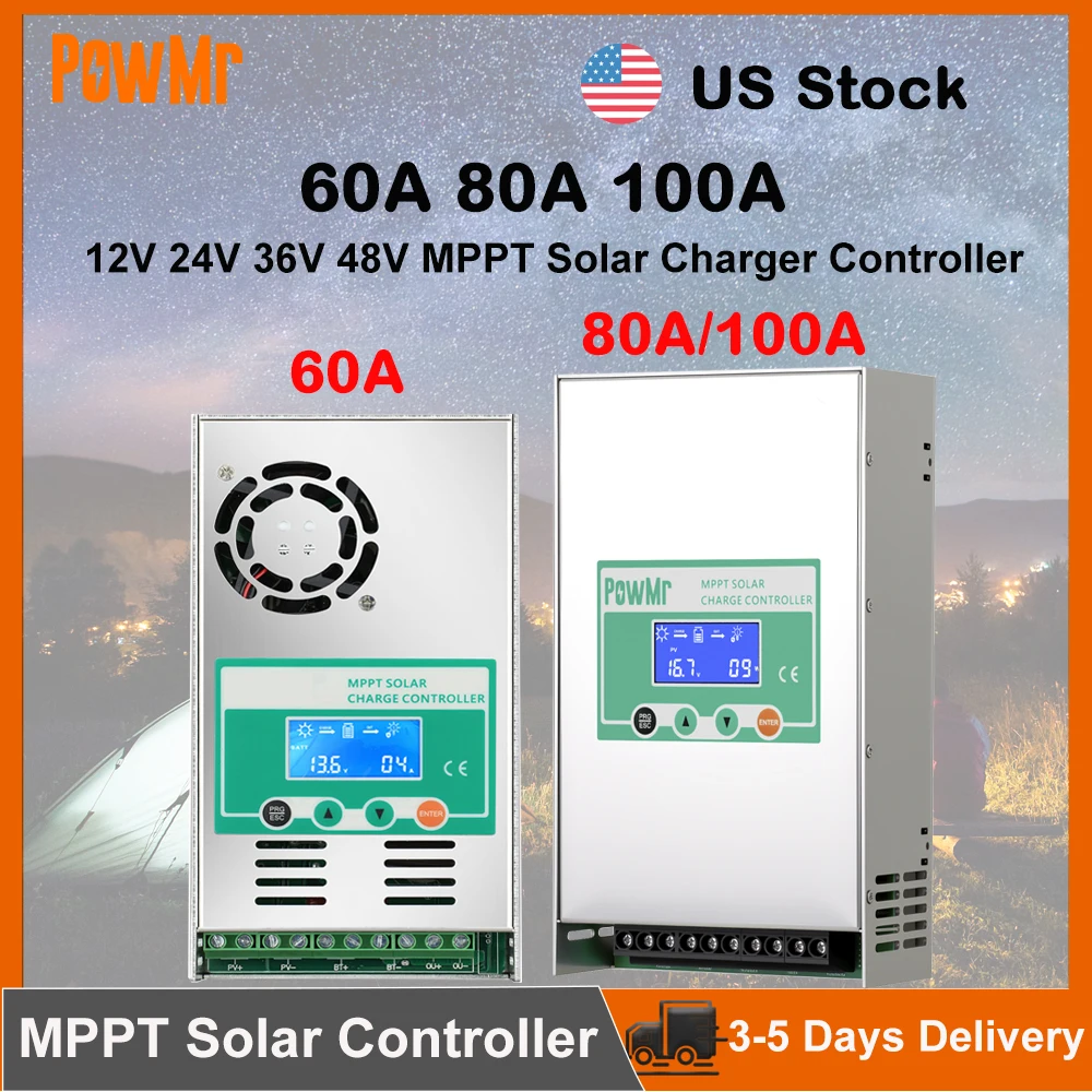US Stock  60A 80A 100A MPPT Solar Charger Controller 12V 24V 36V 48V Auto Smart Solar Regulator Fit Lead Acid Lithium Batteries for RV Boat Home Camp