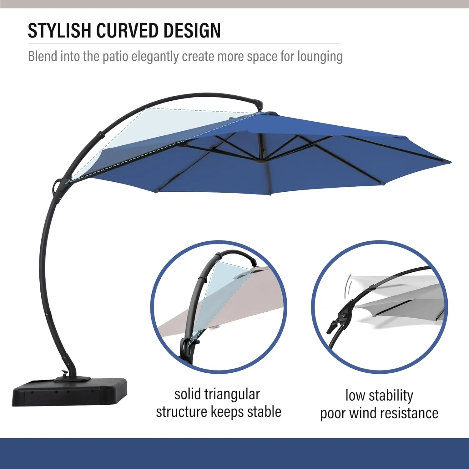 Parasol ogrodowy 11FT z podstawą w zestawie, parasol wspornikowy z dużą osłoną przeciwsłoneczną Deluxe Curvy Aluminiowy parasol przesunięty