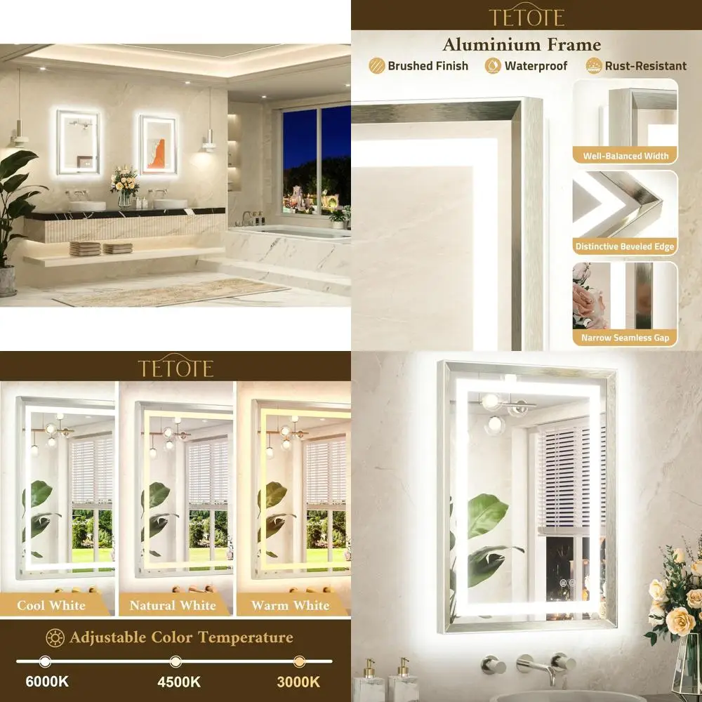 Espejo de tocador LED de 20 x 28 pulgadas con marco de níquel cepillado, iluminación delantera y trasera, antivaho, luz regulable de 3 colores, soporte de pared