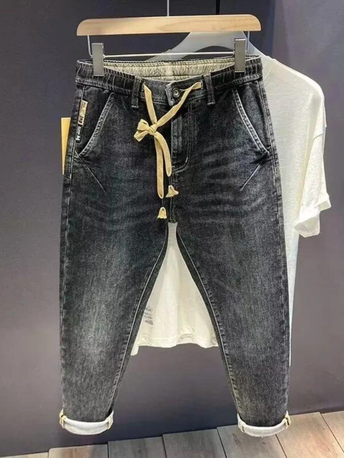 

Модные мужские джинсы с веревочной талией, широкие брюки-харлан, молодежные повседневные износостойкие микроэластичные обычные тонкие брюки