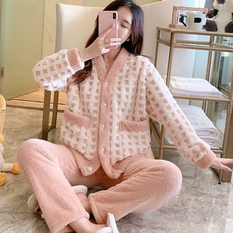 

Women's Coral Fleece Pajama Set Cute Fleece Lined Winter Warm Sleepwear Cozy Comfortable Flannel Loungewear Homewear New Model