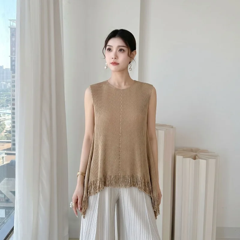 Miyake Pleated 2026 Summer New Original Sleeveless Vest Fringed Top Loose Plus Size Tummy Covering Slimming Solid Color T-Shirt