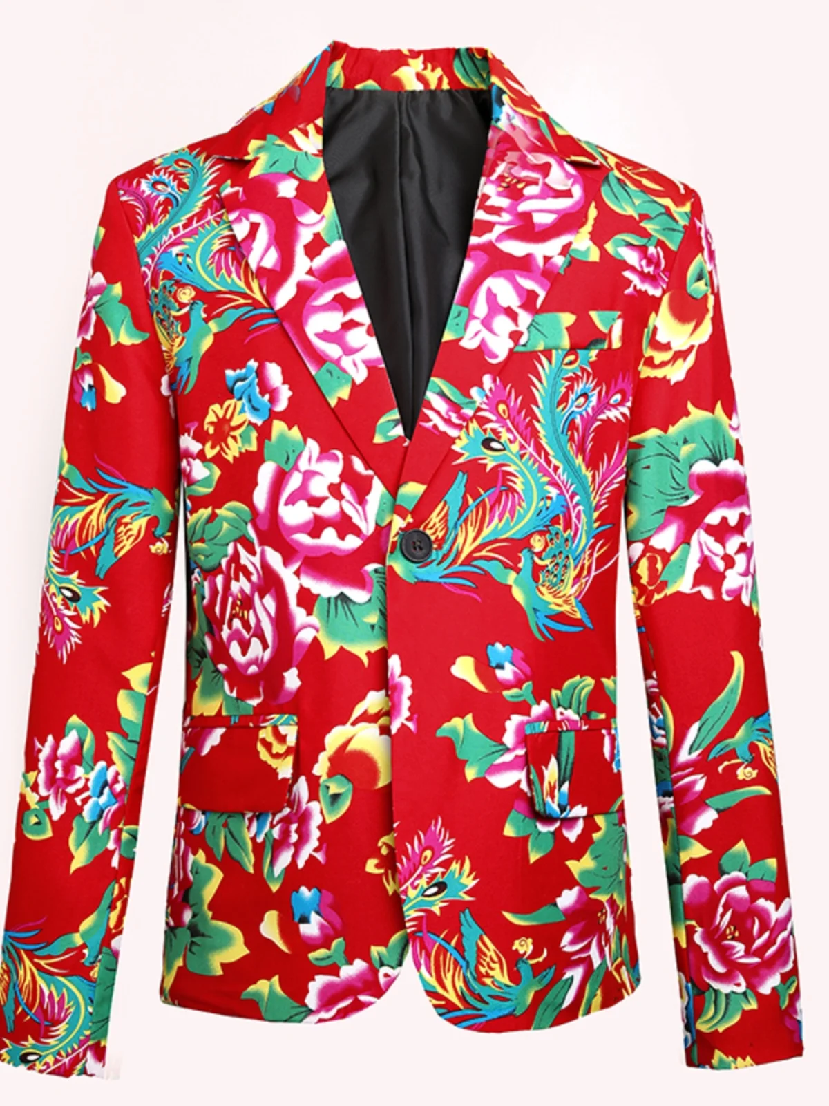 

Red Print Cotton Spring Autumn Casual Sle Men's Jaet Faionable Urban Look Stand Fit Long Sve Button Decorated