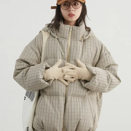 CHIC VEN 여성용 다운 코트, 루즈 후드 격자 무늬 터틀 백 다운 재킷, 90 화이트 덕 다운 여성 의류, 겨울 신상 2024 
