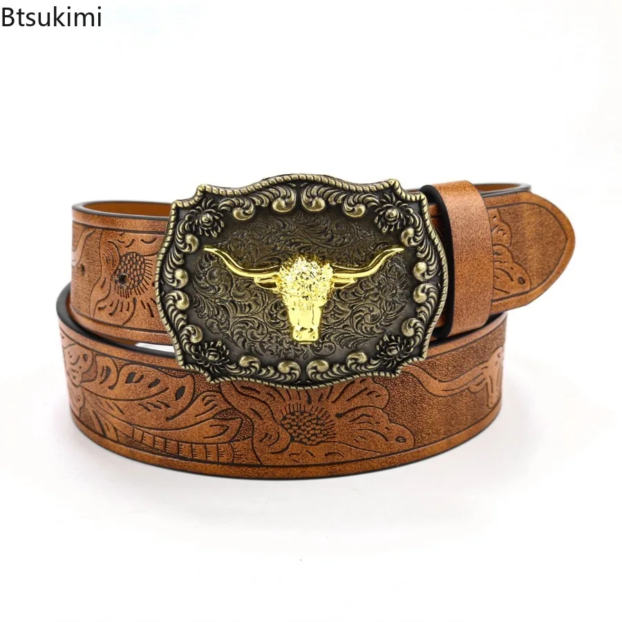

2025 Western Carved Crafted Leather Men Belts Golden Vintage Cowboy Longhorn Bull Pattern Floral Engraved Buckle Belt for Men