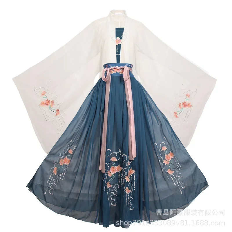 4 Pieces Set Women Blue Chinese Traditional Costume Lady Fairy Dress Embroidery Tang Dynasty Hanfu Princess Folk Dance Clothing