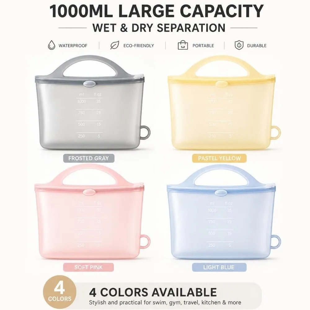 Waterproof Travel Bag Toiletry Bag 1000ml Capacity Dry Wet Separation Waterproof Swim Bag Silicone with Scale