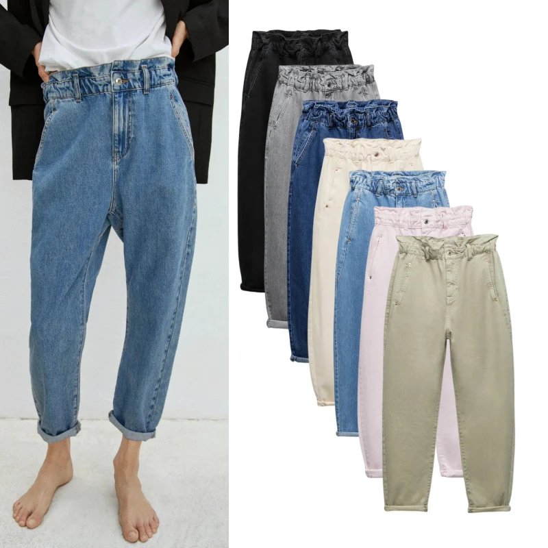 American Style High Waist Elastic Waist Baggy Straight Leg Denim Jeans Women's Loose Fit Classic Blue High Waist Zipper Closure