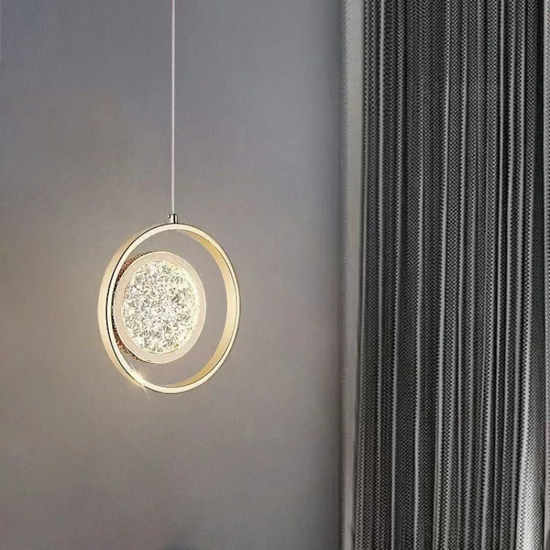 Modern Led Round Pendant Lights Crystal Ring Hanging Lamps Gold Bedside Lighting Decoration Bedroom Rotatable Luxury Droplight
