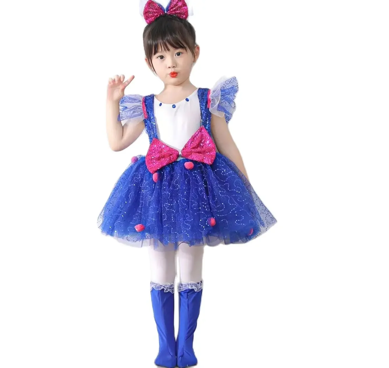 Blue Pink Kids Ballroom Clothing Sequined Modern Dance Dress Girls Jazz Dance Costume Stage Wear Toddler Wedding Princess Dress